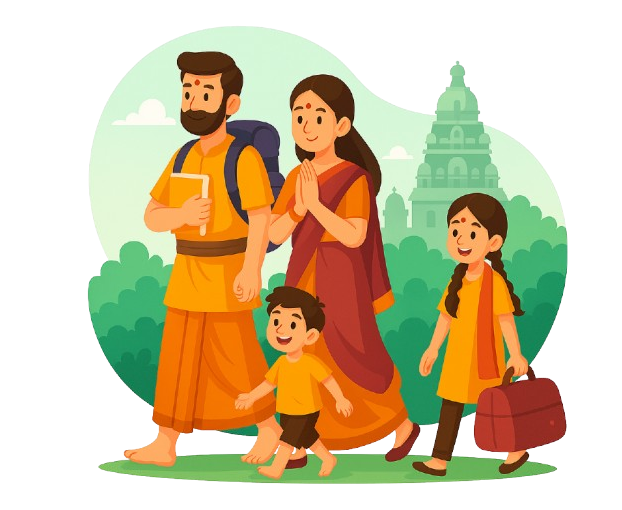 family walking barefoot near temple in Rameswaram pilgrimage