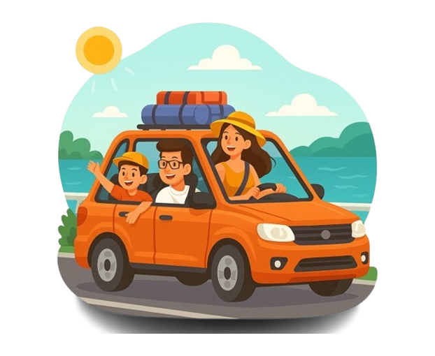 family traveling in ramayan travels cab along coastal road in Tamil Nadu